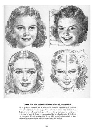 108
LAMINA 70. Las cuatro divisiones: niñas en edad escolar
En el grabado superior de la derecha se muestra en espaciado habitual.
Interesa conocer cómo las diagonales se cruzan en una cabeza de niña. Las
diagonales que salen de los ángulos de los ojos se cruzan en un punto en el
centro de la base de la nariz y pasan también por los ángulos de la boca.
Las que salen del extremo exterior de las cejas tocan los ángulos de la boca
y terminan cruzándose en un punto en la base del mentón.
 