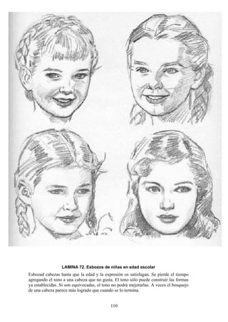 110
LAMINA 72. Esbozos de niñas en edad escolar
Esbozad cabezas hasta que la edad y la expresión os satisfagan. Se pierde el tiempo
agregando el tono a una cabeza que no gusta. El tono sólo puede construir las formas
ya establecidas. Si son equivocadas, el tono no podrá mejorarlas. A veces el bosquejo
de una cabeza parece más logrado que cuando se lo termina.
 