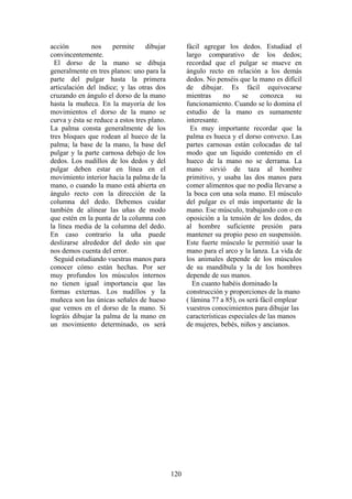 120
acción nos permite dibujar
convincentemente.
El dorso de la mano se dibuja
generalmente en tres planos: uno para la
parte del pulgar hasta la primera
articulación del índice; y las otras dos
cruzando en ángulo el dorso de la mano
hasta la muñeca. En la mayoría de los
movimientos el dorso de la mano se
curva y ésta se reduce a estos tres plano.
La palma consta generalmente de los
tres bloques que rodean al hueco de la
palma; la base de la mano, la base del
pulgar y la parte carnosa debajo de los
dedos. Los nudillos de los dedos y del
pulgar deben estar en línea en el
movimiento interior hacia la palma de la
mano, o cuando la mano está abierta en
ángulo recto con la dirección de la
columna del dedo. Debemos cuidar
también de alinear las uñas de modo
que estén en la punta de la columna con
la línea media de la columna del dedo.
En caso contrario la uña puede
deslizarse alrededor del dedo sin que
nos demos cuenta del error.
Seguid estudiando vuestras manos para
conocer cómo están hechas. Por ser
muy profundos los músculos internos
no tienen igual importancia que las
formas externas. Los nudillos y la
muñeca son las únicas señales de hueso
que vemos en el dorso de la mano. Si
lográis dibujar la palma de la mano en
un movimiento determinado, os será
fácil agregar los dedos. Estudiad el
largo comparativo de los dedos;
recordad que el pulgar se mueve en
ángulo recto en relación a los demás
dedos. No penséis que la mano es difícil
de dibujar. Es fácil equivocarse
mientras no se conozca su
funcionamiento. Cuando se lo domina el
estudio de la mano es sumamente
interesante.
Es muy importante recordar que la
palma es hueca y el dorso convexo. Las
partes carnosas están colocadas de tal
modo que un liquido contenido en el
hueco de la mano no se derrama. La
mano sirvió de taza al hombre
primitivo, y usaba las dos manos para
comer alimentos que no podía llevarse a
la boca con una sola mano. El músculo
del pulgar es el más importante de la
mano. Ese músculo, trabajando con o en
oposición a la tensión de los dedos, da
al hombre suficiente presión para
mantener su propio peso en suspensión.
Este fuerte músculo le permitió usar la
mano para el arco y la lanza. La vida de
los animales depende de los músculos
de su mandíbula y la de los hombres
depende de sus manos.
En cuanto habéis dominado la
construcción y proporciones de la mano
( lámina 77 a 85), os será fácil emplear
vuestros conocimientos para dibujar las
características especiales de las manos
de mujeres, bebés, niños y ancianos.
 