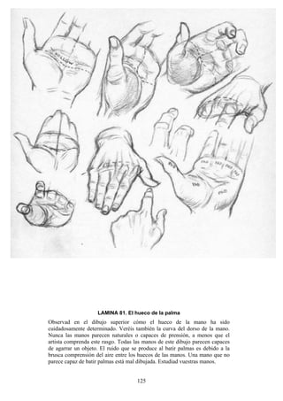 125
LAMINA 81. El hueco de la palma
Observad en el dibujo superior cómo el hueco de la mano ha sido
cuidadosamente determinado. Veréis también la curva del dorso de la mano.
Nunca las manos parecen naturales o capaces de prensión, a menos que el
artista comprenda este rasgo. Todas las manos de este dibujo parecen capaces
de agarrar un objeto. El ruido que se produce al batir palmas es debido a la
brusca comprensión del aire entre los huecos de las manos. Una mano que no
parece capaz de batir palmas está mal dibujada. Estudiad vuestras manos.
 