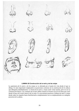 50
LAMINA 26 Construcción de la nariz y de las orejas
La apariencia de la nariz y de las orejas se ve afectada por el punto de vista desde el que se
dibuja. Es más importante emplazarlos en posiciones correctas en la construcción de la cabeza
que dibujarlos detalladamente. La forma de la nariz y orejas suele variar mucho, pero no así su
construcción básica. Las ventanas de la nariz deben situarse al mismo nivel en la línea que corre
desde la base de la nariz hasta la de la oreja. Es conveniente practicar el dibujo de nariz y orejas
desde todos los ángulos hasta familiarizarse completamente con su emplazamiento en cualquier
posición de la cabeza.
 
