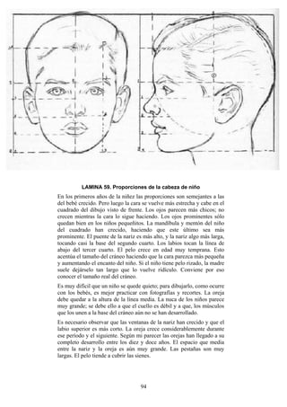 94
LAMINA 59. Proporciones de la cabeza de niño
En los primeros años de la niñez las proporciones son semejantes a las
del bebé crecido. Pero luego la cara se vuelve más estrecha y cabe en el
cuadrado del dibujo visto de frente. Los ojos parecen más chicos; no
crecen mientras la cara lo sigue haciendo. Los ojos prominentes sólo
quedan bien en los niños pequeñitos. La mandíbula y mentón del niño
del cuadrado han crecido, haciendo que este último sea más
prominente. El puente de la nariz es más alto, y la nariz algo más larga,
tocando casi la base del segundo cuarto. Los labios tocan la línea de
abajo del tercer cuarto. El pelo crece en edad muy temprana. Esto
acentúa el tamaño del cráneo haciendo que la cara parezca más pequeña
y aumentando el encanto del niño. Si el niño tiene pelo rizado, la madre
suele dejárselo tan largo que lo vuelve ridículo. Conviene por eso
conocer el tamaño real del cráneo.
Es muy difícil que un niño se quede quieto; para dibujarlo, como ocurre
con los bebés, es mejor practicar con fotografías y recortes. La oreja
debe quedar a la altura de la línea media. La nuca de los niños parece
muy grande; se debe ello a que el cuello es débil y a que, los músculos
que los unen a la base del cráneo aún no se han desarrollado.
Es necesario observar que las ventanas de la nariz han crecido y que el
labio superior es más corto. La oreja crece considerablemente durante
ese período y el siguiente. Según mi parecer las orejas han llegado a su
completo desarrollo entre los diez y doce años. El espacio que media
entre la nariz y la oreja es aún muy grande. Las pestañas son muy
largas. El pelo tiende a cubrir las sienes.
 
