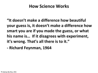 How Science Works “ It doesn’t make a difference how beautiful your guess is, it doesn’t make a difference how smart you are if you made the guess, or what his name is…  If it disagrees with experiment, it’s wrong. That’s all there is to it.”  - Richard Feynman, 1964 