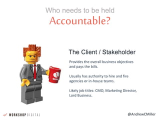 @AndrewCMiller
Accountable?
Who needs to be held
The Client / Stakeholder
Provides the overall business objectives
and pays the bills.
Usually has authority to hire and fire
agencies or in-house teams.
Likely job titles: CMO, Marketing Director,
Lord Business.
 