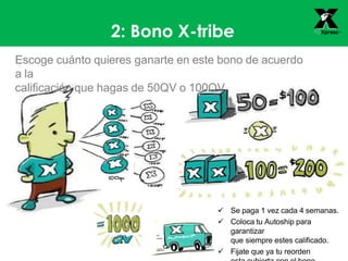 2: Bono X-tribe
 Se paga 1 vez cada 4 semanas.
 Coloca tu Autoship para
garantizar
que siempre estes calificado.
 Fijate que ya tu reorden
Escoge cuánto quieres ganarte en este bono de acuerdo
a la
calificación que hagas de 50QV o 100QV.
 