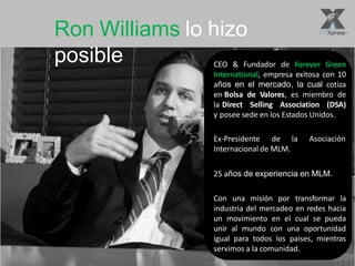 Ron Williams lo hizo
posible CEO & Fundador de Forever Green
International, empresa exitosa con 10
años en el mercado, la cual cotiza
en Bolsa de Valores, es miembro de
la Direct Selling Association (DSA)
y posee sede en los Estados Unidos.
Ex-Presidente de la Asociación
Internacional de MLM.
25 años de experiencia en MLM.
Con una misión por transformar la
industria del mercadeo en redes hacia
un movimiento en el cual se pueda
unir al mundo con una oportunidad
igual para todos los paises, mientras
servimos a la comunidad.
 