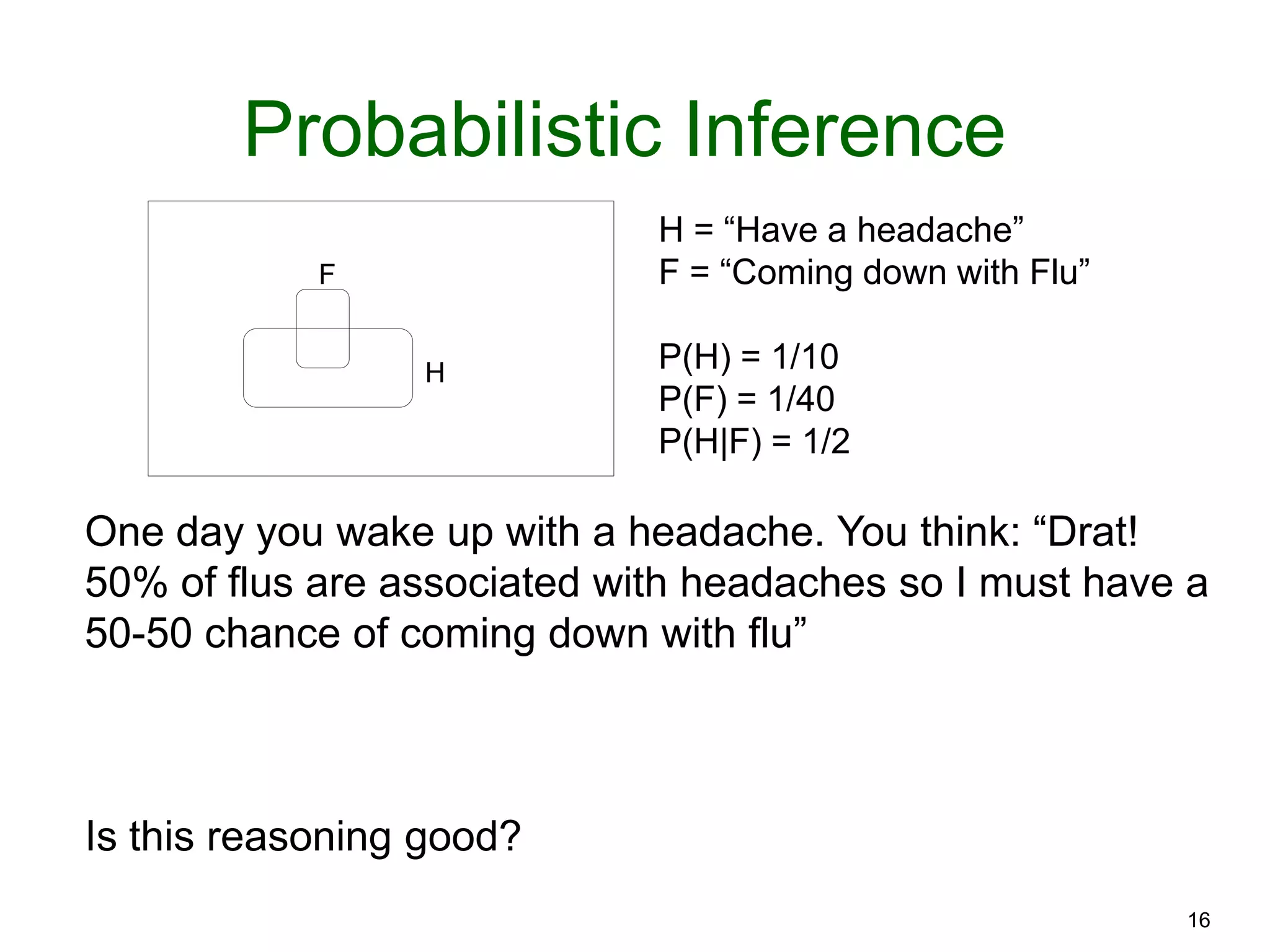 16
Probabilistic Inference
F
H
H = “Have a headache”
F = “Coming down with Flu”
P(H) = 1/10
P(F) = 1/40
P(H|F) = 1/2
One day you wake up with a headache. You think: “Drat!
50% of flus are associated with headaches so I must have a
50-50 chance of coming down with flu”
Is this reasoning good?
 