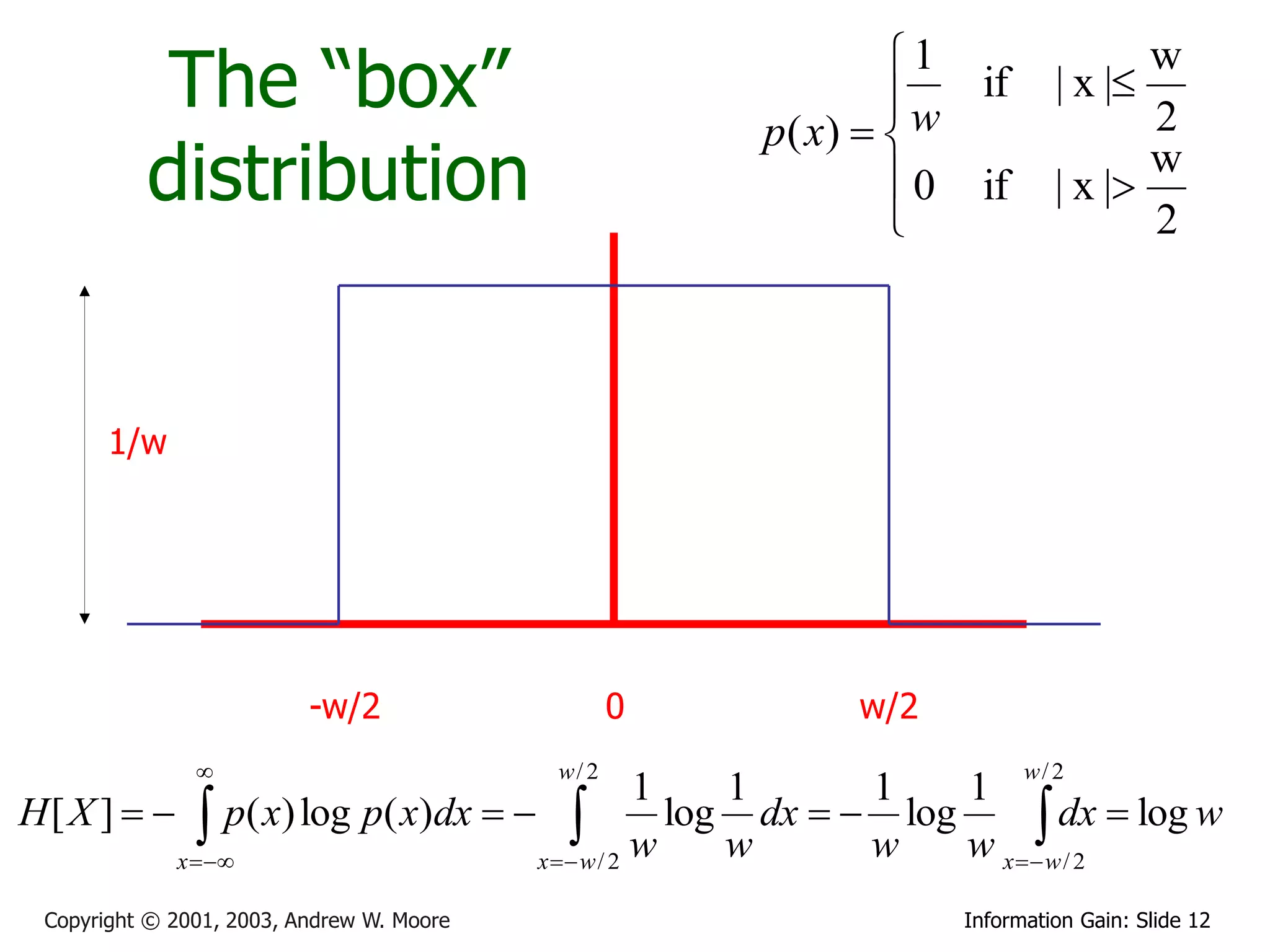 1
           The “box”                                           w if
                                                      p( x)  
                                                                          | x |
                                                                                 w
                                                                                 2
          distribution                                         0 if
                                                              
                                                                          | x |
                                                                                 w
                                                                                 2




       1/w




                          -w/2                    0        w/2
                                          w/ 2                        w/ 2
                                              1    1      1    1
H [ X ]    p( x) log p( x)dx              log dx   log     wdx  log w
           x                    x  w / 2
                                              w    w      w    w x / 2
 Copyright © 2001, 2003, Andrew W. Moore                         Information Gain: Slide 12
 