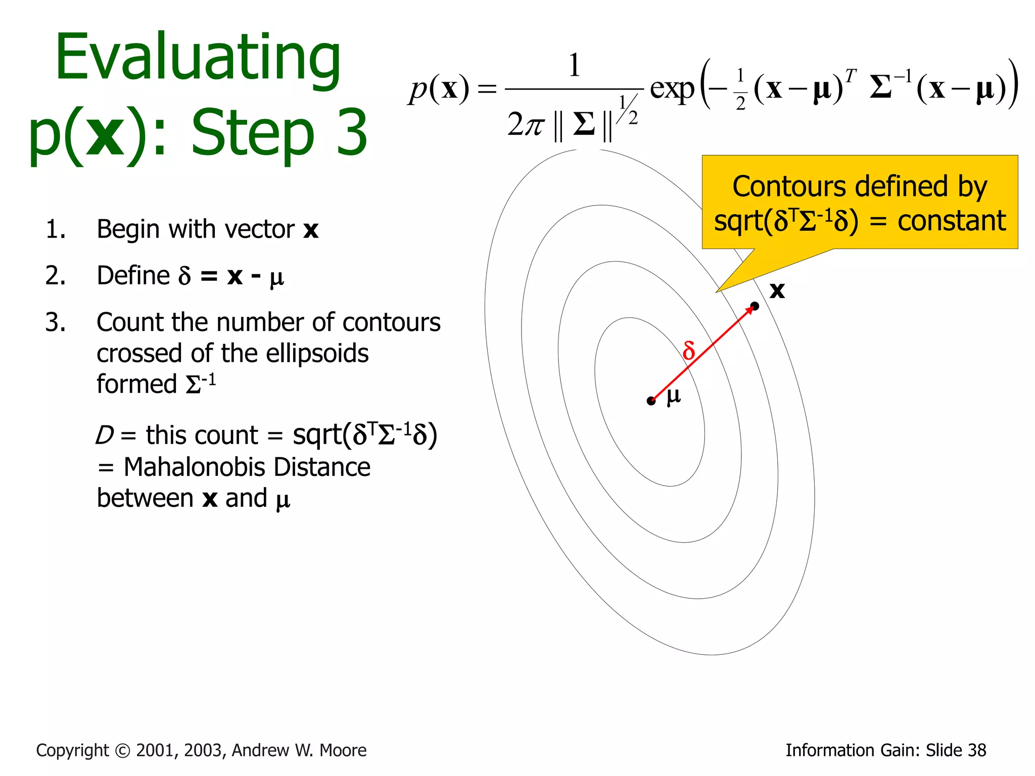 Evaluating                               p ( x) 
                                                          1
                                                                                   
                                                                          exp  1 (x  μ)T Σ 1 (x  μ)                     
p(x): Step 3
                                                                  1             2
                                                     2 || Σ ||       2


                                                                                        Contours defined by
 1.    Begin with vector x                                                             sqrt(TS-1) = constant
 2.    Define  = x - 
                                                                                           x
 3.    Count the number of contours
       crossed of the ellipsoids                                               
       formed S-1                                                          
      D = this count = sqrt(TS-1)
       = Mahalonobis Distance
       between x and 




Copyright © 2001, 2003, Andrew W. Moore                                                        Information Gain: Slide 38
 