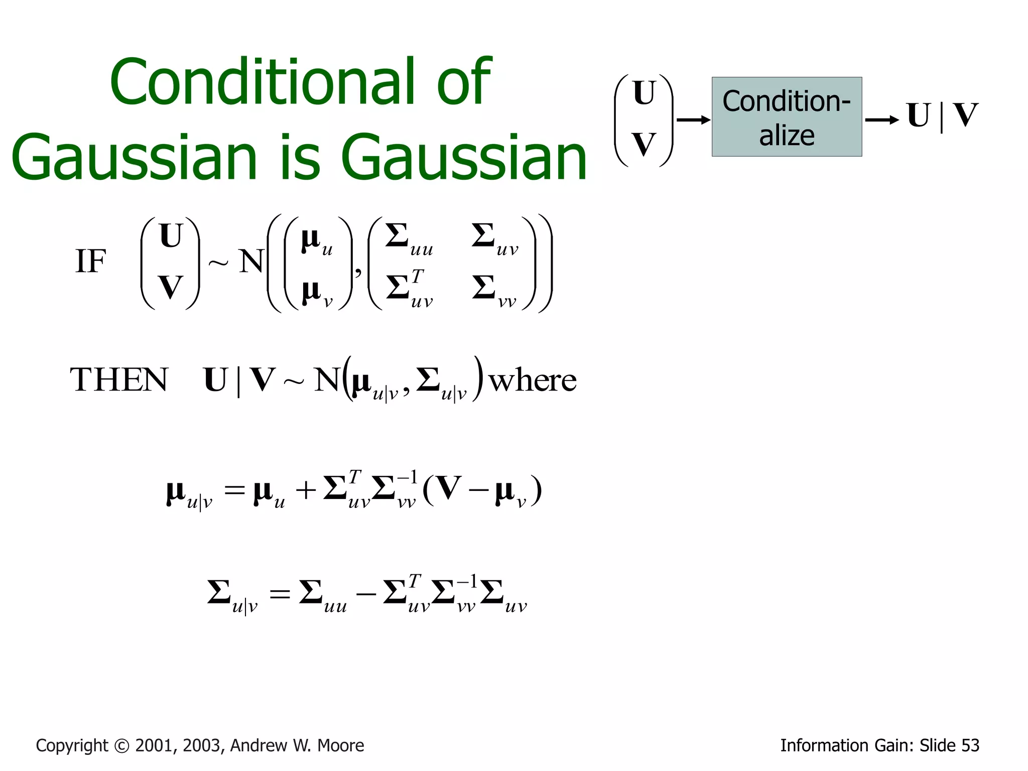 Conditional of                                    U
                                                      
                                                           Condition-
                                                                               U|V
                                                     V
Gaussian is Gaussian
                                                             alize
                                                      

        U     μ u   Σuu             Σuv  
    IF   ~ N  ,  T
       V    μ   Σ                        
              v   uv                Σ vv  
                                               

   THEN U | V ~ Nμu|v , Σu|v  where

                               1
               μu|v  μu  ΣT Σvv (V  μ v )
                            uv


                                     
                    Σu|v  Σuu  ΣT Σvv1Σuv
                                  uv




Copyright © 2001, 2003, Andrew W. Moore                        Information Gain: Slide 53
 