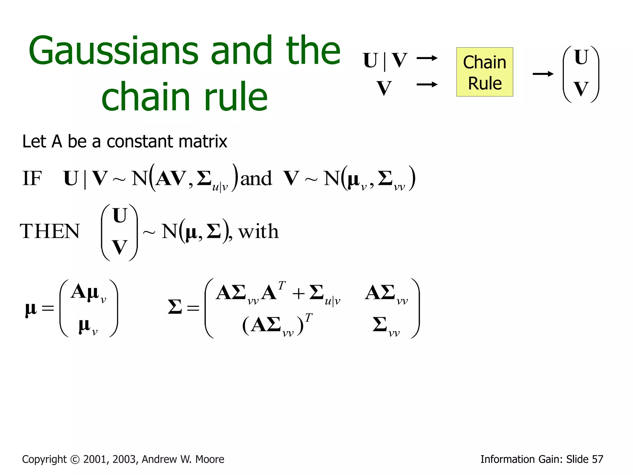 Gaussians and the                                U|V       Chain             U
                                                                               
                                                                              V
    chain rule
                                                            Rule
                                                   V                           

Let A be a constant matrix

IF U | V ~ NAV , Σu|v  and V ~ Nμv , Σvv 
      U
THEN   ~ Nμ, Σ , with
     V
      
   Aμ v                      AΣ vv AT  Σu|v   AΣ vv 
μ
   μ                     Σ
                               ( AΣ )T
                                                        
   v                                 vv         Σ vv 
                                                        




Copyright © 2001, 2003, Andrew W. Moore                      Information Gain: Slide 57
 