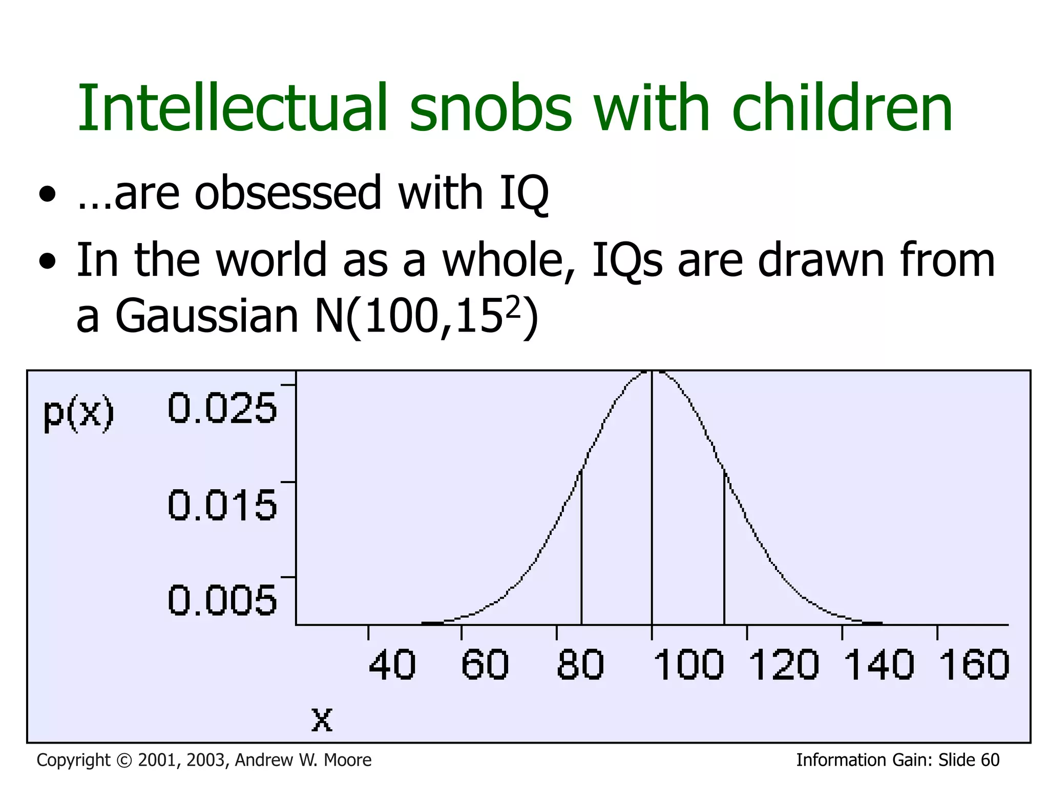 Intellectual snobs with children
• …are obsessed with IQ
• In the world as a whole, IQs are drawn from
  a Gaussian N(100,152)




Copyright © 2001, 2003, Andrew W. Moore   Information Gain: Slide 60
 