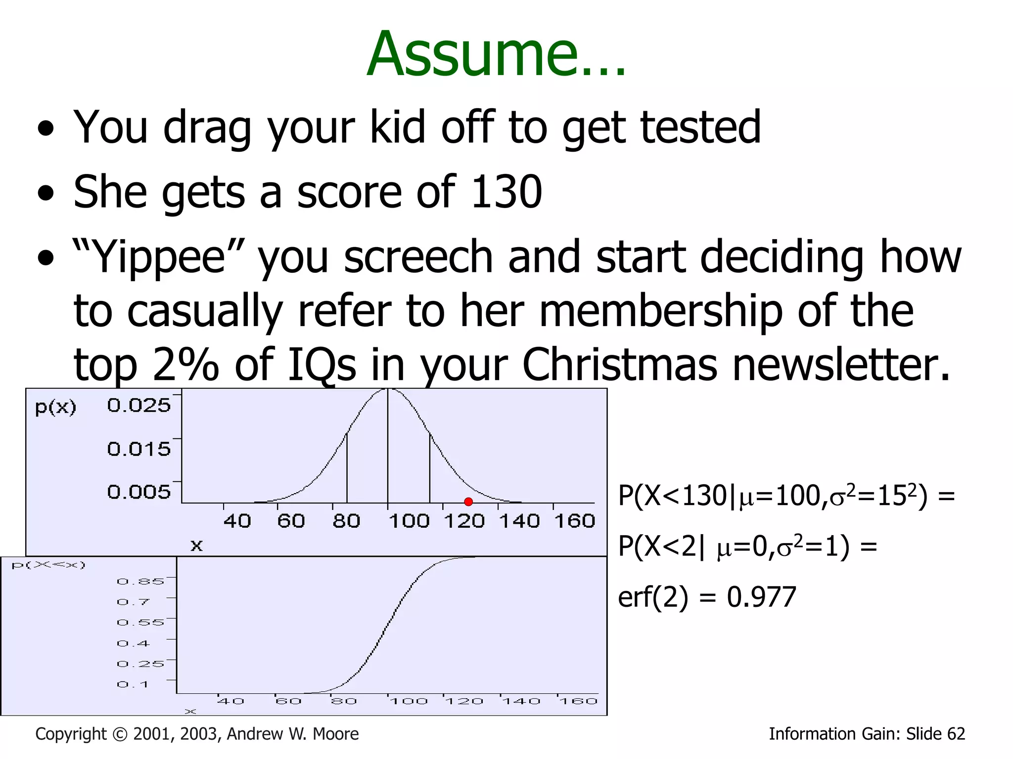 Assume…
• You drag your kid off to get tested
• She gets a score of 130
• “Yippee” you screech and start deciding how
  to casually refer to her membership of the
  top 2% of IQs in your Christmas newsletter.

                                                P(X<130|=100,2=152) =
                                                P(X<2| =0,2=1) =
                                                erf(2) = 0.977



Copyright © 2001, 2003, Andrew W. Moore                    Information Gain: Slide 62
 