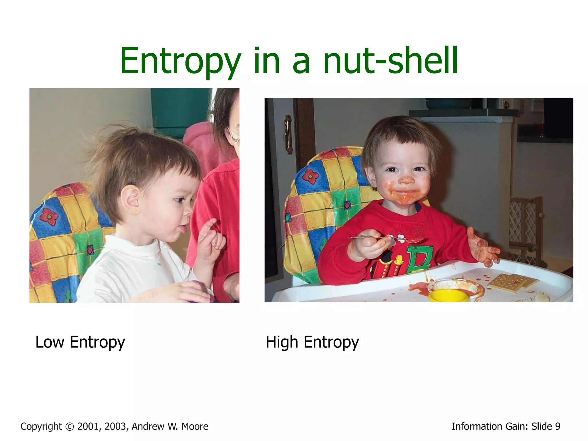 Entropy in a nut-shell




   Low Entropy                            High Entropy




Copyright © 2001, 2003, Andrew W. Moore                  Information Gain: Slide 9
 
