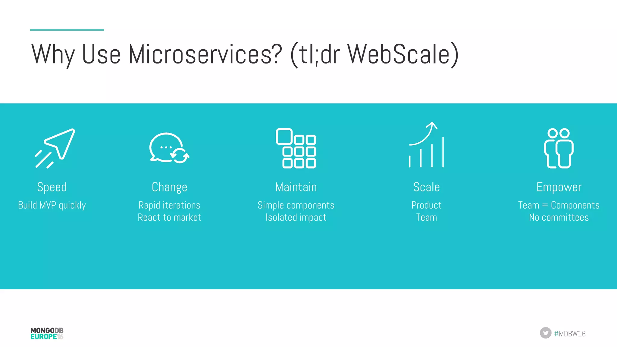 #MDBW16 Why Use Microservices? (tl;dr WebScale) Team = Components No committees Empower Build MVP quickly Speed Simple components Isolated impact Maintain Rapid iterations React to market Change Product Team Scale 