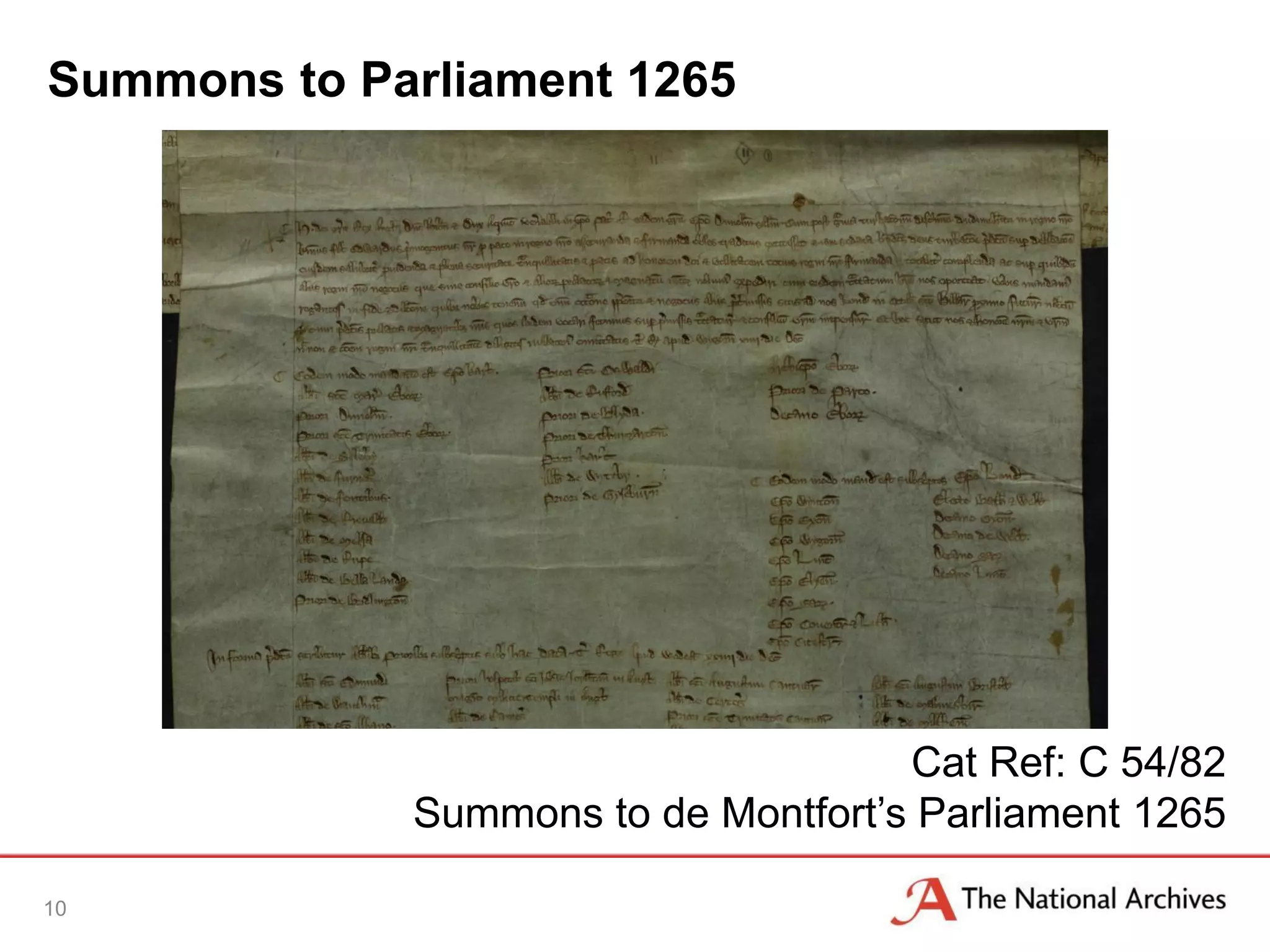 Summons to Parliament 1265
10
Cat Ref: C 54/82
Summons to de Montfort’s Parliament 1265