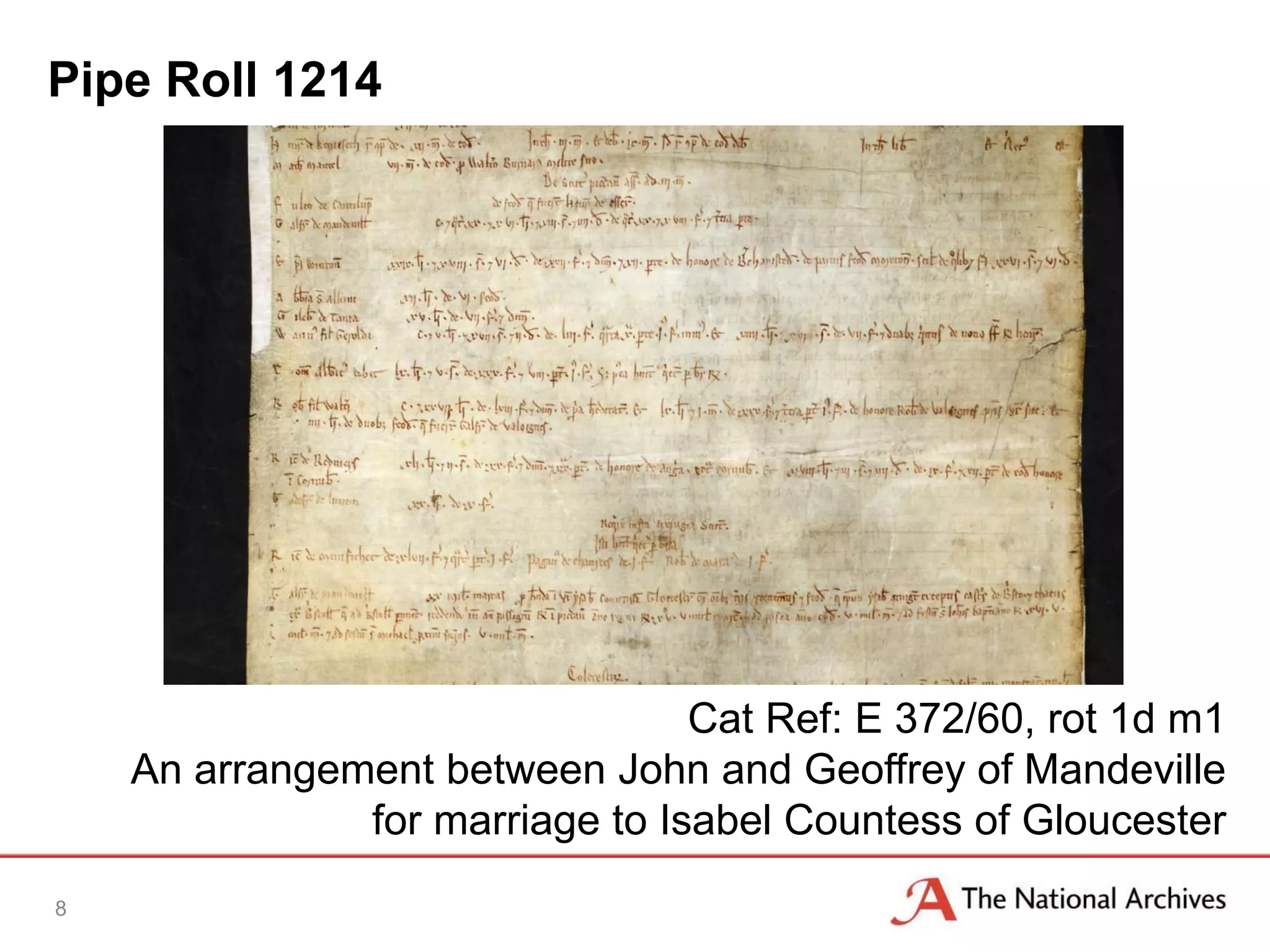 Pipe Roll 1214
8
Cat Ref: E 372/60, rot 1d m1
An arrangement between John and Geoffrey of Mandeville
for marriage to Isabel Countess of Gloucester