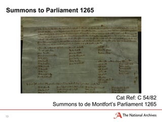 Summons to Parliament 1265
10
Cat Ref: C 54/82
Summons to de Montfort’s Parliament 1265