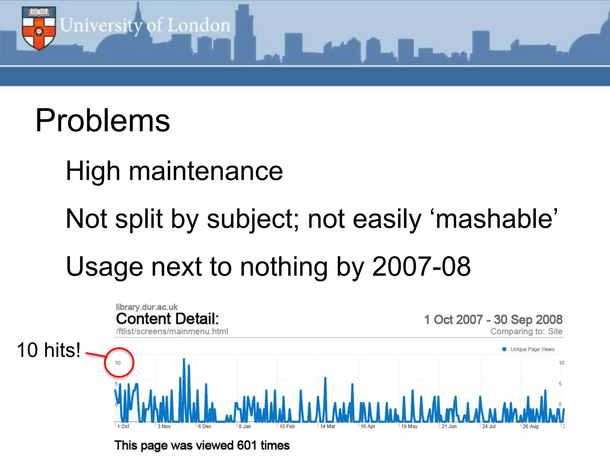 Problems
      High maintenance
      Not split by subject; not easily „mashable‟
      Usage next to nothing by 2007-08

10 hits!
 