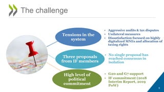 The challenge
5
Tensions in the
system
Three proposals
from IF members
High level of
political
commitment
• No single proposal has
reached consensus in
isolation
• Aggressive audits & tax disputes
• Unilateral measures
• Dissatisfaction focused on highly
digitalized MNEs and allocation of
taxing rights
• G20 and G7 support
• IF commitment (2018
Interim Report, 2019
PoW)
 