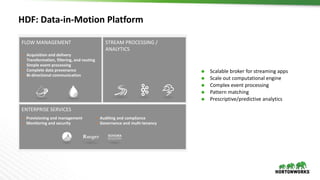HDF:	Data-in-Motion	Platform
Ã Scalable	broker	for	streaming	apps
Ã Scale	out	computational	engine
Ã Complex	event	processing
Ã Pattern	matching
Ã Prescriptive/predictive	analytics
FLOW	MANAGEMENT STREAM	PROCESSING	/	
ANALYTICS
ENTERPRISE	SERVICES
▪ Acquisition	and	delivery
▪ Transformation,	filtering,	and	routing
▪ Simple	event	processing
▪ Complete	data	provenance
▪ Bi-directional	communication
▪ Provisioning	and	management
▪ Monitoring	and	security
▪ Auditing	and	compliance
▪ Governance	and	multi-tenancy
 