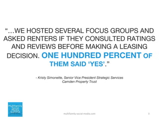 multifamily-social-media.com 3
“…WE HOSTED SEVERAL FOCUS GROUPS AND
ASKED RENTERS IF THEY CONSULTED RATINGS
AND REVIEWS BE...