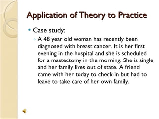 Application of Theory to Practice Case study: A 48 year old woman has recently been diagnosed with breast cancer. It is her first evening in the hospital and she is scheduled for a mastectomy in the morning. She is single and her family lives out of state. A friend came with her today to check in but had to leave to take care of her own family.  