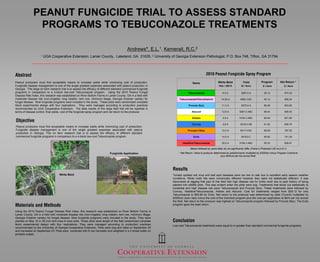 PEANUT FUNGICIDE TRIAL TO ASSESS STANDARD
                PROGRAMS TO TEBUCONAZOLE TREATMENTS

                                                                                             Andrews*,            E.L. 1,   Kemerait,     R.C. 2

                     1   UGA Cooperative Extension, Lanier County, Lakeland, GA 31635, 2 University of Georgia Extension Pathologist, P.O. Box 748, Tifton, GA 31794




Abstract                                                                                                                                                     2010 Peanut Fungicide Spray Program
Peanut producers must find acceptable means to increase yields while minimizing cost of production.                                             Name                    White Mold             Yield             Program           Net Return *
Fungicide disease management is one of the single greatest expenses associated with peanut production in                                                                 Hits / 200 ft        lb / Acre            $ / Acre            $ / Acre
Georgia. This large on farm research trial is to assess the efficacy of different standard commercial fungicide
programs in comparison to a 4-block low-cost Tebuconazole program. Using the 2010 Peanut Fungal                                             Tebuconazole                    6.5 A             5287.0 A              28.12              874.32
Disease Risk Index, this research was established on River Bottom Farms in Lanier County, GA in a field with
moderate disease risk (non-irrigated, long rotation, twin row, minimum tillage, Georgia Greener variety) for                        Tebuconazole/Chlorothalonil            14.25 A           4982.3 BC              40.12              808.24
fungal disease. Nine fungicide programs were included in the study. These plots were randomized complete
block experimental design with four replications. They were managed according to production practices                                       Provost (8oz)                   11.2 A            5275.0 A              56.48              843.83
recommended by UGA Cooperative Extension. The data results of this large field trial will be reported in
terms of disease control, final yields, cost of the fungicide spray program and net return to the producer.                                    Abound                       12.8 A          5081.0 ABC              69.44              809.45


Objective
                                                                                                                                               Artisan                      3.5 A           5154.3 ABC              68.48              821.80

                                                                                                                                               Convoy                       2.8 A            5218.5 AB              61.52              828.76
Peanut producers must find acceptable means to increase yields while minimizing cost of production.
Fungicide disease management is one of the single greatest expenses associated with peanut                                                  Provost (10oz)                  14.5 A           5017.0 BC              68.36              797.52
production in Georgia. This on farm research trial is to assess the efficacy of different standard
commercial fungicide programs in comparison to a 4-block low-cost Tebuconazole program.                                                          Evito                      14.0 A            4918.8 C              95.80              741.29

                                                                                                                                       Headline/Tebuconazole                25.5 A          5156.3 ABC              55.33              829.91

                                                                                                                                              Means followed by same letter do not significantly differ (Fisher’s Protected LSD at p<0.1).
                                                                               Fungicide Application                                * Net Return: Value to producer determined as yield(ton/acre) multiplied by $355/ton minus Program Cost/Acre
                                                                                                                                                                          plus $6/Acre per trip across field.




                                                                                                                               Results
                                     White Mold                                                                                Tomato spotted wilt virus and leaf spot diseases were too low to rate due to excellent early season weather
                                                                                                                               conditions. White mold hits were numerically different however they were not statistically different. It was
                                                                                                                               discovered at digging that part of this field had high disease risk for white mold due to past history of being
                                                                                                                               planted into wildlife plots. This was evident when the plots were dug. Treatments that stood out statistically to
                                                                                                                               moderate and high disease risk were Tebuconazole and Provost (8oz). These treatments were followed by
                                                                                                                               Convoy, Headline/Tebuconazole, Artisan and Abound. Cost for treatments ranged from $28.12 for only
                                                                                                                               Tebuconazole to $95.80 for Evito. Net return to the producer was determined by yield (Tons/A) multiplied by
                                                                                                                               $355/ton (loan rate) minus the cost of the chemical program plus the cost per application at $6/A per trip across
                                                                                                                               the field. Net return to the producer was highest on Tebuconazole program followed by Provost (8oz). The Evito
Materials and Methods                                                                                                          program gave the least return.

Using the 2010 Peanut Fungal Disease Risk Index, this research was established on River Bottom Farms in
Lanier County, GA in a field with moderate disease risk (non-irrigated, long rotation, twin row, minimum tillage,
Georgia Greener variety) for fungal disease. Nine fungicide programs were included in the study. They were
planted on May 10 in 36 inch twin-rows 6 rows wide. These plots were length of the field randomized complete                   Conclusion
block experimental design with four replications. They were managed according to production practices                          Low-cost Tebuconazole treatments were equal to or greater than standard commercial fungicide programs.
recommended by the University of Georgia Cooperative Extension. Plots were dug and rated on September 20
and harvested on September 23. Plots were combined with 6 row harvester and weighted in a 4 wheel trailer on
portable scales.
 