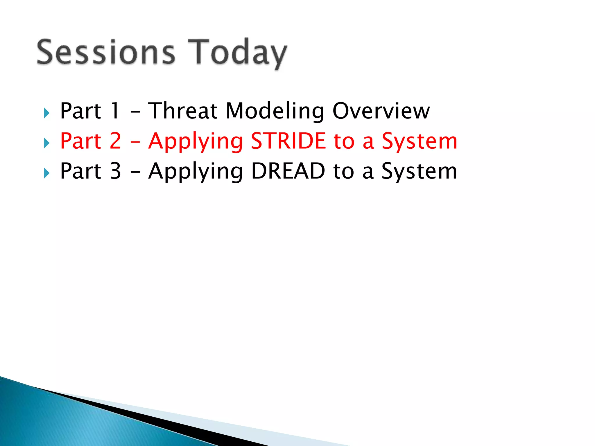  Part 1 – Threat Modeling Overview
Part 2 – Applying STRIDE to a System
Part 3 – Applying DREAD to a System