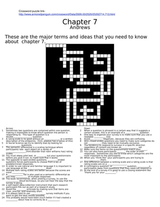 Crossword puzzle link-
                 http://www.armoredpenguin.com/crossword/Data/2009.03/2520/25202714.713.html


                                                              !h#pt&r )
                                                                        *ndr&-.
     Th&.& #r& th& 0#j2r t&r0. #nd 3d&#. th#t 425 n&&d t2 6n2-
     #b25t 8h#pt&r ).                      :                  2




                                                              >                                     4


                                                                                                B                  6


                                                         )              8             ;


                                                                                                    :0




                                                                                                    ::        :2


                                                              :>




                                                                                 :4                                :B




                                                                   :6       :)


                                                                                                    :8




                                                         :;




                                                                                           20            2:


                                                                                      22




                                                                            2>




                                                                                 24




     *8r2..                                                                                D2-n
:    C20&t30&. t-2 D5&.t32n. #r& 82nt#3n&d -3th3n 2n& D5&.t32n,                       2    Sh&n # D5&.t32n 3. phr#.&d 3n # 8&rt#3n -#4 th#t 3t .5FF&.t. #
     0#63nF 3t 30p2..3bl& t2 6n2- -h38h D5&.t32n th& p&r.2n 3.                             8&rt#3n #n.-&r, th3. 3. #n &x#0pl& 2f # IIIIIIIIIIIII D5&.t32n.
     r&.p2nd3nF t2. Th3. t4p& 2f D5&.t32n 3. #                                        4    Un& -#4 t2 2rF#n3z& 425r .5rv&4 3. t2 0#6& .5r& th#t 425 5.& #
     d25bl&IIIIIIIIIIIIIIIIII D5&.t32n.                                                    r&#d#bl& IIIIIIIIIII .3z&.
>    * r#t3nF .8#l& 3. n2 F22d -3th25t #n IIIIIIIIIIIIII, 2r # -r3tt&n                6    *v23dIIIIIIIIIIII n&F#t3v&....b&8#5.& th&4 #r& 82nf5.3nF.
     d&.8r3pt32n 2f th& &ndp23nt.. (h3nt: p2p&4& h#. # t#tt22 2f th3.L                8    S3th 8l2.&d &nd&d D5&.t32n. 425 n&&d t2 0#6& .5r& 8#t&F2r3&. d2
B    Mn C283#l C83&n8& -& tr4 t2 3d&nt3f4 b3#. b4 l2263nF f2r                              n2t IIIIIIIIIIII, th&4 n&&d t2 b& 05t5#ll4 &x8l5.3v&.
     IIIIIIIIIIIIII D5&.t32n..                                                        ;    Th& t&nd&n84 t2 r&.p2nd t2 .5rv&4. 3n # .p&83f38 d3r&8t32n
)    Th& .&0#nt38 d3ff&r&nt3#l 3. # .8#l3nF t&8hn3D5& -h&r&                                r&F#rdl&.. 2f 82nt&nt #r& 6n2-n #.IIIIIIIIIIIIIIII .&t
     p#rt383p#nt. r#t& &#8h 2bj&8t 2n # .&r3&. 2f                                     :2   Q#6& .5r& th& 3t&0. 2n th& D5&.t32nn#3r& 0#t8h 425rIIIIII.
     IIIIIIIIIIIIIIIIIII(h3nt:d3.2rd&r th#t r2b3n -3ll3#0. h#.L r#t3nF                :B   N25 8#n #l.2 h#v& p#rt383p#nt. IIIIIIII th& 2rd&r 2f th&3r
     .8#l&..                                                                               r&.p2n.&.. C20&t30&. 425 l36& t2 6n2- -h38h 8#t&F2r3&. #r& th&
:0   N25 05.t #l-#4 p3l2t t&.t, 2r IIIIIIIII 25t 425r D5&.t32nn#3r&                        02.t 30p2rt#nt t2 th& p#rt383p#nt.
     b&f2r& 425 F3v& 3t 25t, t2 0#6& .5r& th#t 3t -2r6.                               :6   Sh&n 425 "th3n6 l36&" 425r p#rt383p#nt. 425 #r& tr43nF t2
::   Th& 2pp2.3t& t2 2p&nP&nd&d D5&.t32n., IIIIIIIIIP&nd&d                                 IIIIIIIIIIIIIII th&0.
     D5&.t32n. f2r8&. p#rt383p#nt. t2 8h22.& fr20 # .&t 2f                            :)   Un& d3ff&r&n8& b&t-&&n # r#n63nF .8#l& #nd # r#t3nF .8#l& 3. th#t
     pr&d&t&r03n&d r&.p2n.&..                                                              r#t3nF .8#l&. #r& 2n # IIIIIIIIIIIIIIIIII.
:>   Mn 2rd&r t2 5.& n#t5r#l #nd f#03l3#r l#nF5#F& 3t 3. 30p2rt#nt t2                 20   * 82nt3nF&n84 D5&.t32n, 2r IIIIIIIIIIIII D5&.t32n, IIIIIIIIIII.
     5.& l#nF5#F& #t th& IIIIIIIIIIIIIIIII l&v&l.                                          p#rt383p#nt. #-#4 fr20 D5&.t32n. th#t th&4 n&&d n2t r&.p2nd t2.
:4   Q5lt3pl& 3t&0 r#t3nF .8#l&. #r& b&tt&r b&8#5.& th& .82r&. #r&                    2:   *t th& &nd 2f # .5rv&4 3t 3. F22d t2 5.& # 8l2.3nF .t#t&0&nt l36&
     02r& IIIIIIIIIIII                                                                     "th#n6 425 f2r 425r IIIIIIIIII."
:)   * IIIIIIIIIIIIII l3.t 3. #l.2 5.&d #. # .&0#nt38 d3ff&r&nt3#l #.
     425 0#4 IIIIIIIIIII 2f 05lt3pl& r&.p2n.&.
:8   Th& b226 r&8200&nd., -h&n p3l2t3nF # .5rv&4, t2 5.& th&
     IIIIIIIIIIII #l25d t&8hn3D5&, .2 425 8#n h&#r th& -#4 th#t th&
     .5rv&4 3. F23nF.
:;   # .&lfPr&p2rt d#t#P82ll&8t32n 3n.tr50&nt th#t &#8h r&.&#r8h
     p#rt383p#nt f3ll. 25t #. p#rt 2f # r&.&#r8h .t5d4.
22   *v23d th& IIIIIIIII pr3n83pl& b4 0#63nF .5r& th#t 3t&0. #r&
     8l&#r, pr&83.&, #nd r&l#t3v&l4 .h2rt.
2>   Mt 3. #l-#4. b&.t t2 5.& IIIIIIIIIIIIII .5rv&4 0&th2d. 3f 425
     -#nt t2 F&t th& b&.t r&.5lt. p2..3bl&.
24   Th3. pr2b#bl4 -25ld h#v& b&&n 058h b&tt&r 3f M h#d 8r&#t&d #
     IIIIIIIIIII #b25t h2- t2 82rr&8tl4 d2 # IIIIIIIIIII.
 
