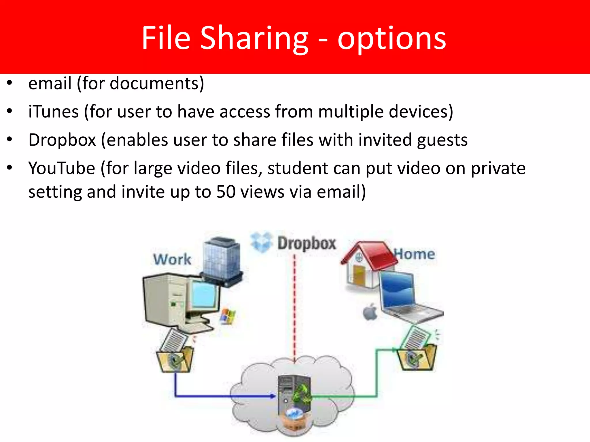 File Sharing - options
•   email (for documents)
•   iTunes (for user to have access from multiple devices)
•   Dropbox (enables user to share files with invited guests
•   YouTube (for large video files, student can put video on private
    setting and invite up to 50 views via email)
 