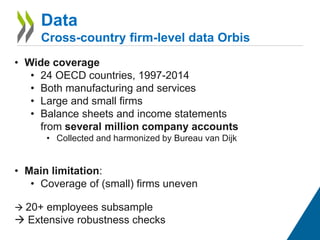 Data
Cross-country firm-level data Orbis
• Wide coverage
• 24 OECD countries, 1997-2014
• Both manufacturing and services
• Large and small firms
• Balance sheets and income statements
from several million company accounts
• Collected and harmonized by Bureau van Dijk
• Main limitation:
• Coverage of (small) firms uneven
 20+ employees subsample
 Extensive robustness checks
 