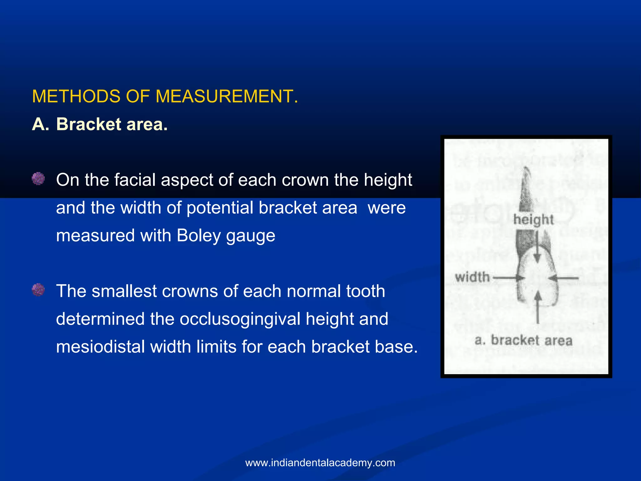 METHODS OF MEASUREMENT.
A. Bracket area.
On the facial aspect of each crown the height
and the width of potential bracket area were
measured with Boley gauge
The smallest crowns of each normal tooth
determined the occlusogingival height and
mesiodistal width limits for each bracket base.
www.indiandentalacademy.com
 