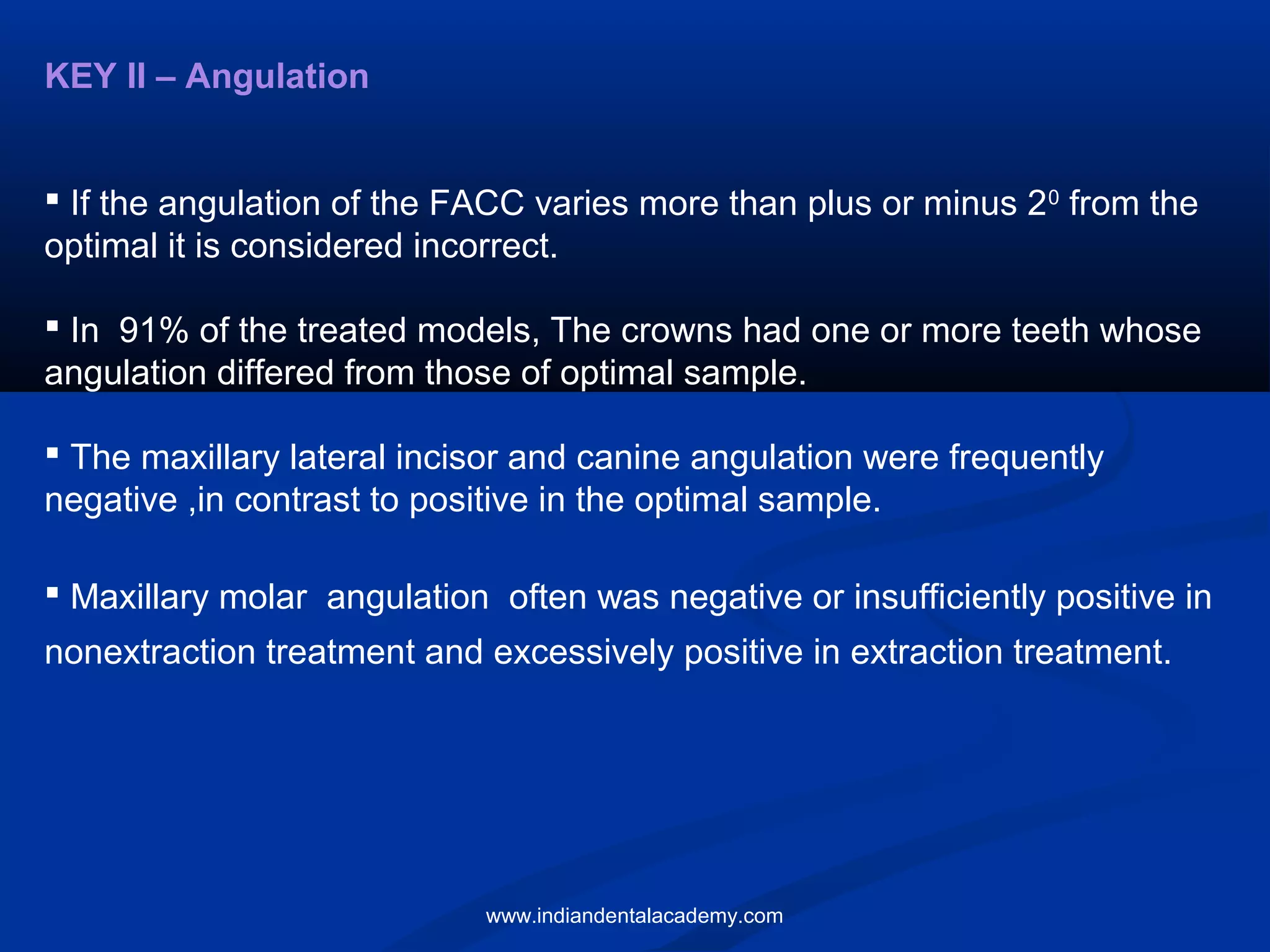 KEY II – Angulation
 If the angulation of the FACC varies more than plus or minus 20
from the
optimal it is considered incorrect.
 In 91% of the treated models, The crowns had one or more teeth whose
angulation differed from those of optimal sample.
 The maxillary lateral incisor and canine angulation were frequently
negative ,in contrast to positive in the optimal sample.
 Maxillary molar angulation often was negative or insufficiently positive in
nonextraction treatment and excessively positive in extraction treatment.
www.indiandentalacademy.com
 