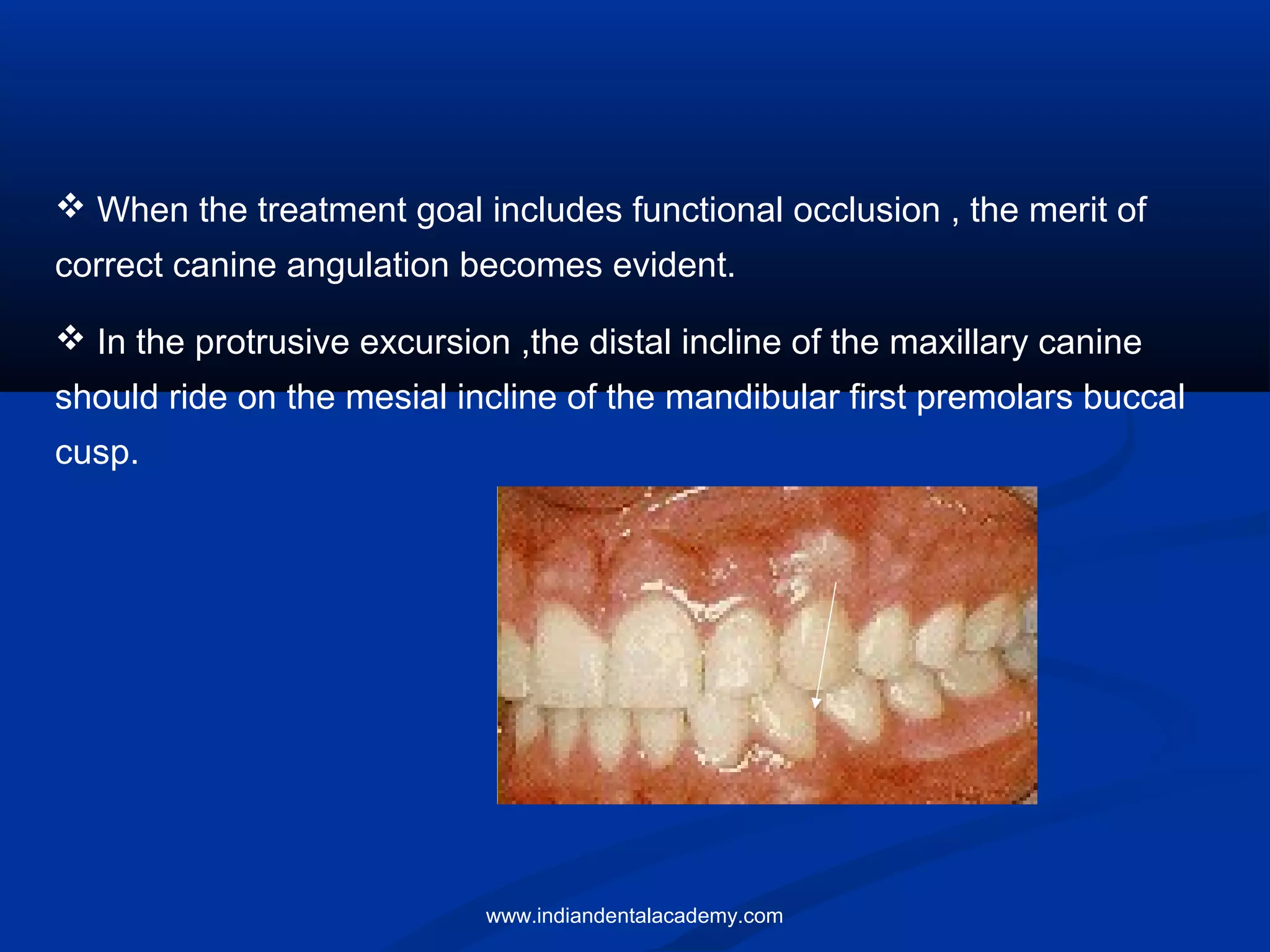  When the treatment goal includes functional occlusion , the merit of
correct canine angulation becomes evident.
 In the protrusive excursion ,the distal incline of the maxillary canine
should ride on the mesial incline of the mandibular first premolars buccal
cusp.
www.indiandentalacademy.com
 
