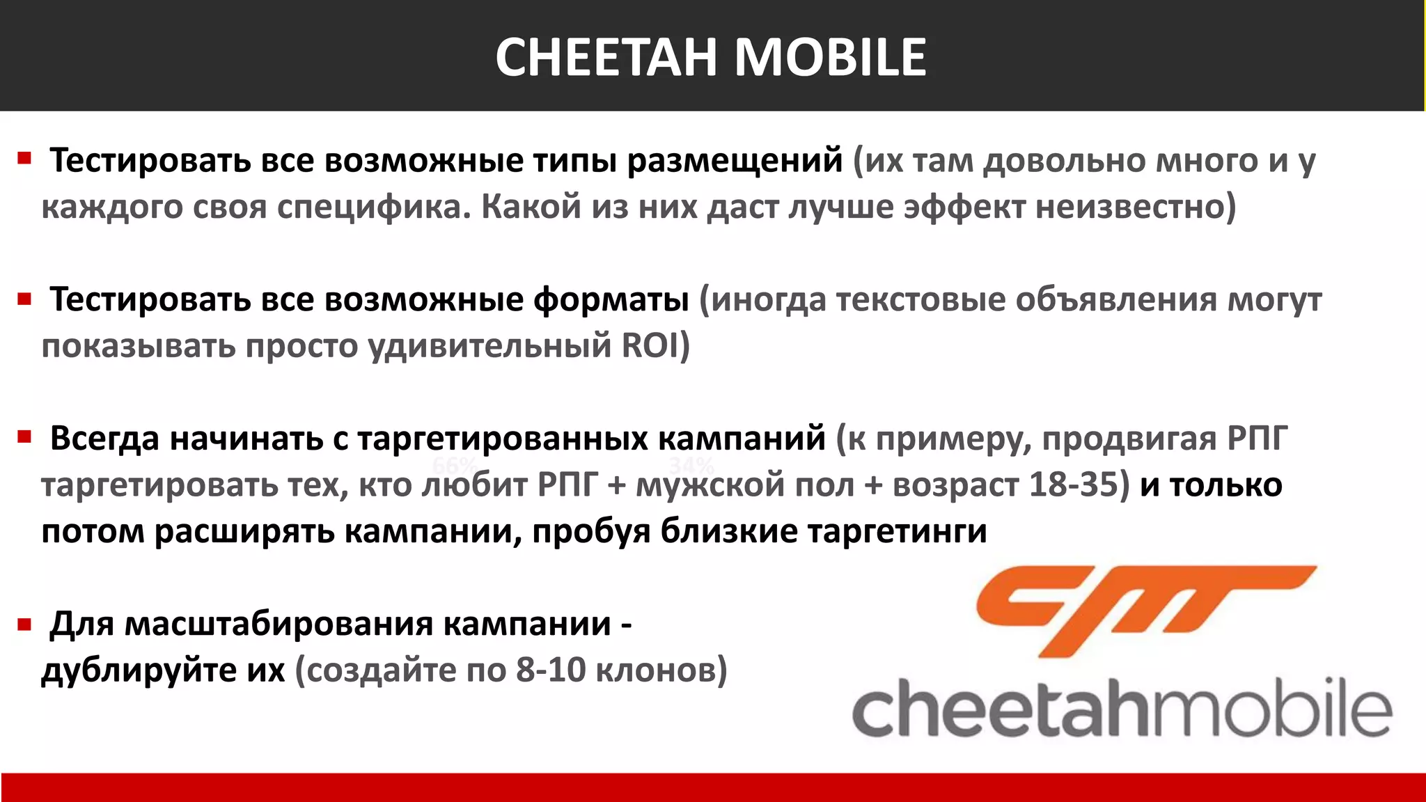Общемировые показатели
Non-Suspect
66% 34%
At Risk of Fraud
CHEETAH MOBILE
Тестировать все возможные типы размещений (их там довольно много и у
каждого своя специфика. Какой из них даст лучше эффект неизвестно)
Тестировать все возможные форматы (иногда текстовые объявления могут
показывать просто удивительный ROI)
Всегда начинать с таргетированных кампаний (к примеру, продвигая РПГ
таргетировать тех, кто любит РПГ + мужской пол + возраст 18-35) и только
потом расширять кампании, пробуя близкие таргетинги
Для масштабирования кампании -
дублируйте их (создайте по 8-10 клонов)
 