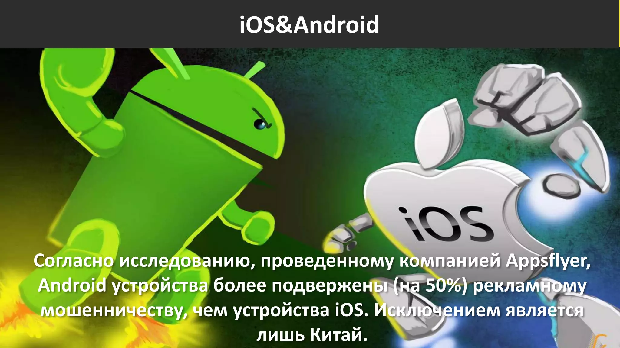 iOS vs Android
Согласно исследованию, проведенному компанией Appsflyer,
Android устройства более подвержены (на 50%) рекламному
мошенничеству, чем устройства iOS. Исключением является
лишь Китай.
iOS&Android
 