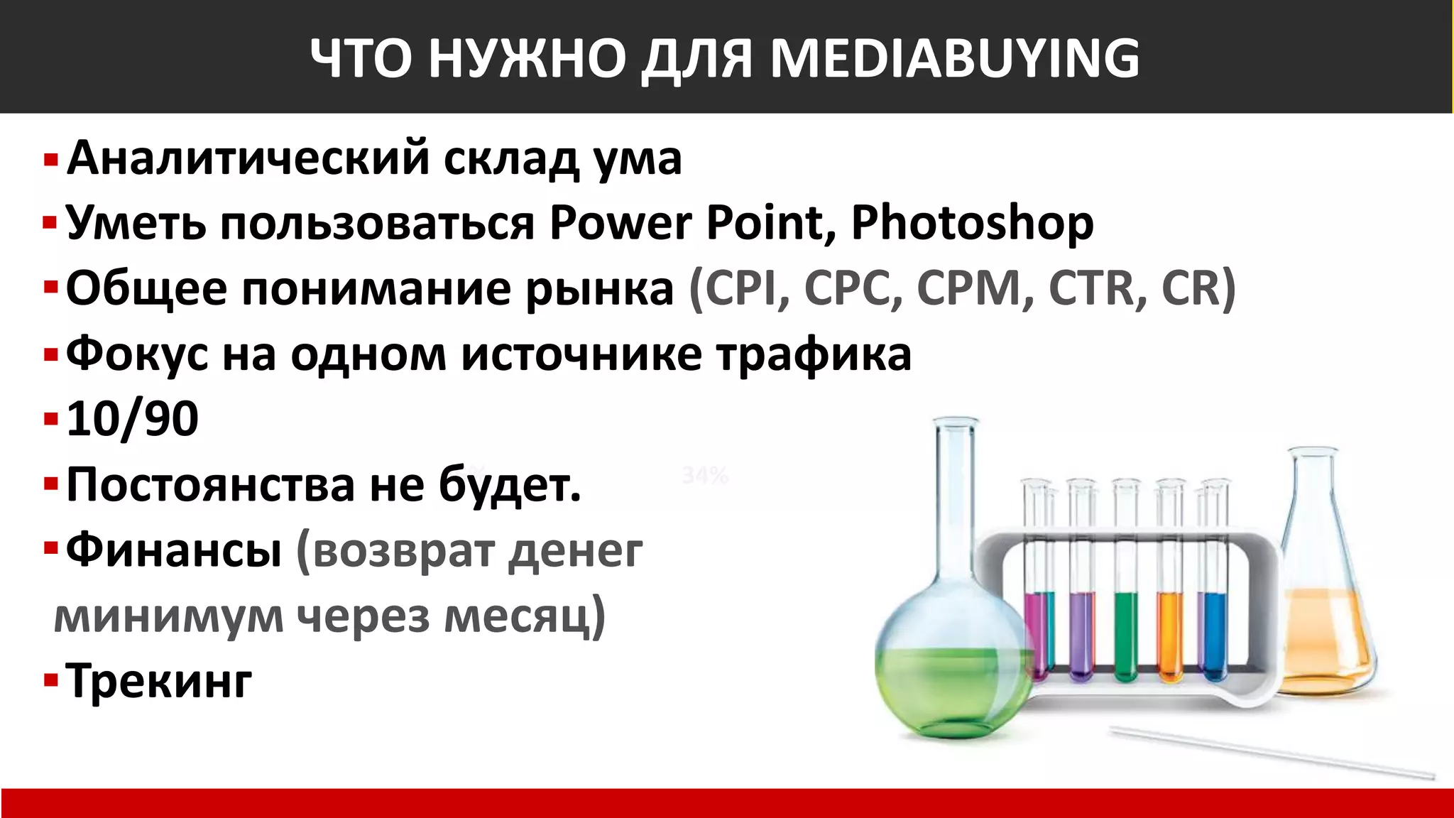 Общемировые показатели
Non-Suspect
66% 34%
At Risk of Fraud
ЧТО НУЖНО ДЛЯ MEDIABUYING
Аналитический склад ума
Уметь пользоваться Power Point, Photoshop
Общее понимание рынка (CPI, CPC, CPM, CTR, CR)
Фокус на одном источнике трафика
10/90
Постоянства не будет.
Финансы (возврат денег
минимум через месяц)
Трекинг
 