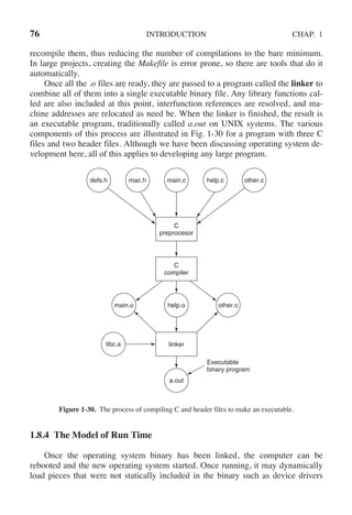 76 INTRODUCTION CHAP. 1
recompile them, thus reducing the number of compilations to the bare minimum.
In large projects, creating the Makefile is error prone, so there are tools that do it
automatically.
Once all the .o files are ready, they are passed to a program called the linker to
combine all of them into a single executable binary file. Any library functions cal-
led are also included at this point, interfunction references are resolved, and ma-
chine addresses are relocated as need be. When the linker is finished, the result is
an executable program, traditionally called a.out on UNIX systems. The various
components of this process are illustrated in Fig. 1-30 for a program with three C
files and two header files. Although we have been discussing operating system de-
velopment here, all of this applies to developing any large program.
defs.h mac.h main.c help.c other.c
C
preprocesor
C
compiler
main.o help.o other.o
linker
libc.a
a.out
Executable
binary program
Figure 1-30. The process of compiling C and header files to make an executable.
1.8.4 The Model of Run Time
Once the operating system binary has been linked, the computer can be
rebooted and the new operating system started. Once running, it may dynamically
load pieces that were not statically included in the binary such as device drivers
 