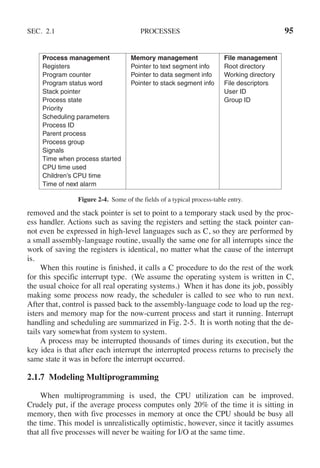 SEC. 2.1 PROCESSES 95
Process management Memory management File management
Registers Pointer to text segment info Root directory
Program counter Pointer to data segment info Working directory
Program status word Pointer to stack segment info File descriptors
Stack pointer User ID
Process state Group ID
Priority
Scheduling parameters
Process ID
Parent process
Process group
Signals
Time when process started
CPU time used
Children’s CPU time
Time of next alarm
Figure 2-4. Some of the fields of a typical process-table entry.
removed and the stack pointer is set to point to a temporary stack used by the proc-
ess handler. Actions such as saving the registers and setting the stack pointer can-
not even be expressed in high-level languages such as C, so they are performed by
a small assembly-language routine, usually the same one for all interrupts since the
work of saving the registers is identical, no matter what the cause of the interrupt
is.
When this routine is finished, it calls a C procedure to do the rest of the work
for this specific interrupt type. (We assume the operating system is written in C,
the usual choice for all real operating systems.) When it has done its job, possibly
making some process now ready, the scheduler is called to see who to run next.
After that, control is passed back to the assembly-language code to load up the reg-
isters and memory map for the now-current process and start it running. Interrupt
handling and scheduling are summarized in Fig. 2-5. It is worth noting that the de-
tails vary somewhat from system to system.
A process may be interrupted thousands of times during its execution, but the
key idea is that after each interrupt the interrupted process returns to precisely the
same state it was in before the interrupt occurred.
2.1.7 Modeling Multiprogramming
When multiprogramming is used, the CPU utilization can be improved.
Crudely put, if the average process computes only 20% of the time it is sitting in
memory, then with five processes in memory at once the CPU should be busy all
the time. This model is unrealistically optimistic, however, since it tacitly assumes
that all five processes will never be waiting for I/O at the same time.
 