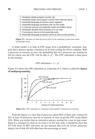 96 PROCESSES AND THREADS CHAP. 2
1. Hardware stacks program counter, etc.
2. Hardware loads new program counter from interrupt vector.
3. Assembly-language procedure saves registers.
4. Assembly-language procedure sets up new stack.
5. C interrupt service runs (typically reads and buffers input).
6. Scheduler decides which process is to run next.
7. C procedure returns to the assembly code.
8. Assembly-language procedure starts up new current process.
Figure 2-5. Skeleton of what the lowest level of the operating system does when
an interrupt occurs.
A better model is to look at CPU usage from a probabilistic viewpoint. Sup-
pose that a process spends a fraction p of its time waiting for I/O to complete. With
n processes in memory at once, the probability that all n processes are waiting for
I/O (in which case the CPU will be idle) is pn
. The CPU utilization is then given
by the formula
CPU utilization = 1 − pn
Figure 2-6 shows the CPU utilization as a function of n, which is called the degree
of multiprogramming.
50% I/O wait
80% I/O wait
20% I/O wait
100
80
60
40
20
1 2 3 4 5 6 7 8 9 10
0
Degree of multiprogramming
CPU
utilization
(in
percent)
Figure 2-6. CPU utilization as a function of the number of processes in memory.
From the figure it is clear that if processes spend 80% of their time waiting for
I/O, at least 10 processes must be in memory at once to get the CPU waste below
10%. When you realize that an interactive process waiting for a user to type some-
thing at a terminal (or click on an icon) is in I/O wait state, it should be clear that
I/O wait times of 80% and more are not unusual. But even on servers, processes
doing a lot of disk I/O will often have this percentage or more.
 