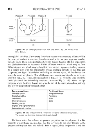 104 PROCESSES AND THREADS CHAP. 2
Thread Thread
Kernel Kernel
Process 1 Process 2 Process 3 Process
User
space
Kernel
space
(a) (b)
Figure 2-11. (a) Three processes each with one thread. (b) One process with
three threads.
same global variables. Since every thread can access every memory address within
the process’ address space, one thread can read, write, or even wipe out another
thread’s stack. There is no protection between threads because (1) it is impossible,
and (2) it should not be necessary. Unlike different processes, which may be from
different users and which may be hostile to one another, a process is always owned
by a single user, who has presumably created multiple threads so that they can
cooperate, not fight. In addition to sharing an address space, all the threads can
share the same set of open files, child processes, alarms, and signals, an so on, as
shown in Fig. 2-12. Thus, the organization of Fig. 2-11(a) would be used when the
three processes are essentially unrelated, whereas Fig. 2-11(b) would be ap-
propriate when the three threads are actually part of the same job and are actively
and closely cooperating with each other.
Per-process items Per-thread items
Address space Program counter
Global variables Registers
Open files Stack
Child processes State
Pending alarms
Signals and signal handlers
Accounting information
Figure 2-12. The first column lists some items shared by all threads in a process.
The second one lists some items private to each thread.
The items in the first column are process properties, not thread properties. For
example, if one thread opens a file, that file is visible to the other threads in the
process and they can read and write it. This is logical, since the process is the unit
 