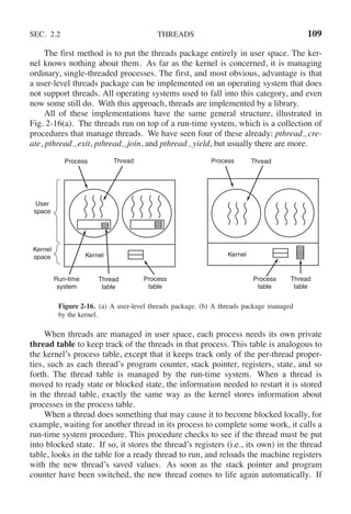 SEC. 2.2 THREADS 109
The first method is to put the threads package entirely in user space. The ker-
nel knows nothing about them. As far as the kernel is concerned, it is managing
ordinary, single-threaded processes. The first, and most obvious, advantage is that
a user-level threads package can be implemented on an operating system that does
not support threads. All operating systems used to fall into this category, and even
now some still do. With this approach, threads are implemented by a library.
All of these implementations have the same general structure, illustrated in
Fig. 2-16(a). The threads run on top of a run-time system, which is a collection of
procedures that manage threads. We have seen four of these already: pthread cre-
ate, pthread exit, pthread join, and pthread yield, but usually there are more.
Process Process
Thread Thread
Process
table
Process
table
Thread
table
Thread
table
Run-time
system
Kernel
space
User
space
Kernel
Kernel
Figure 2-16. (a) A user-level threads package. (b) A threads package managed
by the kernel.
When threads are managed in user space, each process needs its own private
thread table to keep track of the threads in that process. This table is analogous to
the kernel’s process table, except that it keeps track only of the per-thread proper-
ties, such as each thread’s program counter, stack pointer, registers, state, and so
forth. The thread table is managed by the run-time system. When a thread is
moved to ready state or blocked state, the information needed to restart it is stored
in the thread table, exactly the same way as the kernel stores information about
processes in the process table.
When a thread does something that may cause it to become blocked locally, for
example, waiting for another thread in its process to complete some work, it calls a
run-time system procedure. This procedure checks to see if the thread must be put
into blocked state. If so, it stores the thread’s registers (i.e., its own) in the thread
table, looks in the table for a ready thread to run, and reloads the machine registers
with the new thread’s saved values. As soon as the stack pointer and program
counter have been switched, the new thread comes to life again automatically. If
 