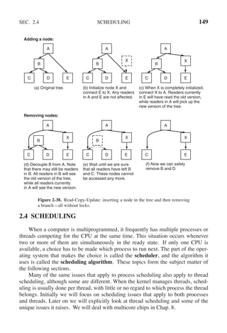SEC. 2.4 SCHEDULING 149
(a) Original tree. (b) Initialize node X and
connect E to X. Any readers
in A and E are not affected.
X
A
B
E
D
C
D
C D
C
D
C D
C
A
B
E
(c) When X is completely initialized,
connect X to A. Readers currently
in E will have read the old version,
while readers in A will pick up the
new version of the tree.
X
A
B
E
(d) Decouple B from A. Note
that there may still be readers
in B. All readers in B will see
the old version of the tree,
while all readers currently
in A will see the new version.
X
A
B
E
(e) Wait until we are sure
that all readers have left B
and C. These nodes cannot
be accessed any more.
X
A
B
E C E
(f) Now we can safely
remove B and D
X
A
Adding a node:
Removing nodes:
Figure 2-38. Read-Copy-Update: inserting a node in the tree and then removing
a branch—all without locks.
2.4 SCHEDULING
When a computer is multiprogrammed, it frequently has multiple processes or
threads competing for the CPU at the same time. This situation occurs whenever
two or more of them are simultaneously in the ready state. If only one CPU is
available, a choice has to be made which process to run next. The part of the oper-
ating system that makes the choice is called the scheduler, and the algorithm it
uses is called the scheduling algorithm. These topics form the subject matter of
the following sections.
Many of the same issues that apply to process scheduling also apply to thread
scheduling, although some are different. When the kernel manages threads, sched-
uling is usually done per thread, with little or no regard to which process the thread
belongs. Initially we will focus on scheduling issues that apply to both processes
and threads. Later on we will explicitly look at thread scheduling and some of the
unique issues it raises. We will deal with multicore chips in Chap. 8.
 