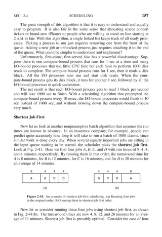 SEC. 2.4 SCHEDULING 157
The great strength of this algorithm is that it is easy to understand and equally
easy to program. It is also fair in the same sense that allocating scarce concert
tickets or brand-new iPhones to people who are willing to stand on line starting at
2 A.M. is fair. With this algorithm, a single linked list keeps track of all ready proc-
esses. Picking a process to run just requires removing one from the front of the
queue. Adding a new job or unblocked process just requires attaching it to the end
of the queue. What could be simpler to understand and implement?
Unfortunately, first-come, first-served also has a powerful disadvantage. Sup-
pose there is one compute-bound process that runs for 1 sec at a time and many
I/O-bound processes that use little CPU time but each have to perform 1000 disk
reads to complete. The compute-bound process runs for 1 sec, then it reads a disk
block. All the I/O processes now run and start disk reads. When the com-
pute-bound process gets its disk block, it runs for another 1 sec, followed by all the
I/O-bound processes in quick succession.
The net result is that each I/O-bound process gets to read 1 block per second
and will take 1000 sec to finish. With a scheduling algorithm that preempted the
compute-bound process every 10 msec, the I/O-bound processes would finish in 10
sec instead of 1000 sec, and without slowing down the compute-bound process
very much.
Shortest Job First
Now let us look at another nonpreemptive batch algorithm that assumes the run
times are known in advance. In an insurance company, for example, people can
predict quite accurately how long it will take to run a batch of 1000 claims, since
similar work is done every day. When several equally important jobs are sitting in
the input queue waiting to be started, the scheduler picks the shortest job first.
Look at Fig. 2-41. Here we find four jobs A, B, C, and D with run times of 8, 4, 4,
and 4 minutes, respectively. By running them in that order, the turnaround time for
A is 8 minutes, for B is 12 minutes, for C is 16 minutes, and for D is 20 minutes for
an average of 14 minutes.
(a)
8
A
4
B
4
C
4
D
(b)
8
A
4
B
4
C
4
D
Figure 2-41. An example of shortest-job-first scheduling. (a) Running four jobs
in the original order. (b) Running them in shortest job first order.
Now let us consider running these four jobs using shortest job first, as shown
in Fig. 2-41(b). The turnaround times are now 4, 8, 12, and 20 minutes for an aver-
age of 11 minutes. Shortest job first is provably optimal. Consider the case of four
 