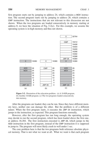 184 MEMORY MANAGEMENT CHAP. 3
first program starts out by jumping to address 24, which contains a MOV instruc-
tion. The second program starts out by jumping to address 28, which contains a
CMP instruction. The instructions that are not relevant to this discussion are not
shown. When the two programs are loaded consecutively in memory starting at
address 0, we have the situation of Fig. 3-2(c). For this example, we assume the
operating system is in high memory and thus not shown.
0
4
8
12
16
20
24
28
0
4
8
12
16
20
24
28
(a) (b)
0
4
8
12
16
20
24
28
ADD
JMP 24
MOV
(c)
16384
16388
16392
16396
16400
16404
16408
16412
ADD
JMP 24
MOV
0 16380
JMP 28
CMP
0 16380
.
.
.
.
.
.
.
.
.
16380
.
.
.
JMP 28
CMP
0
0 32764
Figure 3-2. Illustration of the relocation problem. (a) A 16-KB program.
(b) Another 16-KB program. (c) The two programs loaded consecutively
into memory.
After the programs are loaded, they can be run. Since they have different mem-
ory keys, neither one can damage the other. But the problem is of a different
nature. When the first program starts, it executes the JMP 24 instruction, which
jumps to the instruction, as expected. This program functions normally.
However, after the first program has run long enough, the operating system
may decide to run the second program, which has been loaded above the first one,
at address 16,384. The first instruction executed is JMP 28, which jumps to the
ADD instruction in the first program, instead of the CMP instruction it is supposed
to jump to. The program will most likely crash in well under 1 sec.
The core problem here is that the two programs both reference absolute physi-
cal memory. That is not what we want at all. What we want is that each program
 