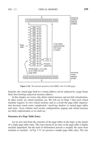 SEC. 3.3 VIRTUAL MEMORY 199
15
14
13
12
11
10
9
8
7
6
5
4
3
2
1
0
000
000
000
000
111
000
101
000
000
000
011
100
000
110
001
010
0
0
0
0
1
0
1
0
0
0
1
1
1
1
1
1
Present/
absent bit
Page
table
12-bit offset
copied directly
from input
to output
Virtual page = 2 is used
as an index into the
page table Incoming
virtual
address
(8196)
Outgoing
physical
address
(24580)
110
1 1 0 0 0 0 0 0 0 0 0 0 1 0 0
0
0 1 0 0 0 0 0 0 0 0 0 0 1 0 0
Figure 3-10. The internal operation of the MMU with 16 4-KB pages.
function, the virtual page field in a virtual address can be replaced by a page frame
field, thus forming a physical memory address.
In this chapter, we worry only about virtual memory and not full virtualization.
In other words: no virtual machines yet. We will see in Chap. 7 that each virtual
machine requires its own virtual memory and as a result the page table organiza-
tion becomes much more complicated—involving shadow or nested page tables
and more. Even without such arcane configurations, paging and virtual memory
are fairly sophisticated, as we shall see.
Structure of a Page Table Entry
Let us now turn from the structure of the page tables in the large, to the details
of a single page table entry. The exact layout of an entry in the page table is highly
machine dependent, but the kind of information present is roughly the same from
machine to machine. In Fig. 3-11 we present a sample page table entry. The size
 