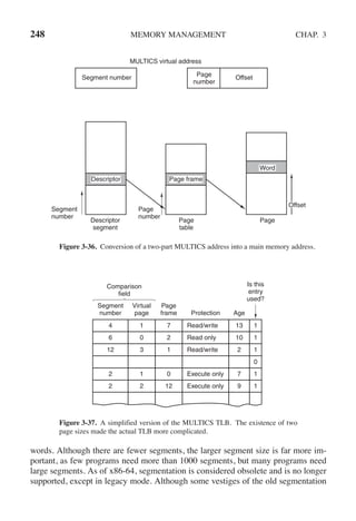 248 MEMORY MANAGEMENT CHAP. 3
Segment number Page
number
Offset
Descriptor
segment
Segment
number
Page
number
MULTICS virtual address
Page
table
Page
Word
Offset
Descriptor Page frame
Figure 3-36. Conversion of a two-part MULTICS address into a main memory address.
Segment
number
Virtual
page
Page
frame
Comparison
field
Protection Age
Is this
entry
used?
4
6
12
2
2
1
0
3
1
2
7
2
1
0
12
Read/write
Read only
Read/write
Execute only
Execute only
13
10
2
7
9
1
1
1
0
1
1
Figure 3-37. A simplified version of the MULTICS TLB. The existence of two
page sizes made the actual TLB more complicated.
words. Although there are fewer segments, the larger segment size is far more im-
portant, as few programs need more than 1000 segments, but many programs need
large segments. As of x86-64, segmentation is considered obsolete and is no longer
supported, except in legacy mode. Although some vestiges of the old segmentation
 