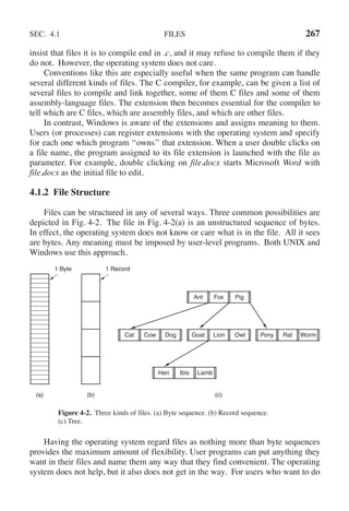SEC. 4.1 FILES 267
insist that files it is to compile end in .c, and it may refuse to compile them if they
do not. However, the operating system does not care.
Conventions like this are especially useful when the same program can handle
several different kinds of files. The C compiler, for example, can be given a list of
several files to compile and link together, some of them C files and some of them
assembly-language files. The extension then becomes essential for the compiler to
tell which are C files, which are assembly files, and which are other files.
In contrast, Windows is aware of the extensions and assigns meaning to them.
Users (or processes) can register extensions with the operating system and specify
for each one which program ‘‘owns’’ that extension. When a user double clicks on
a file name, the program assigned to its file extension is launched with the file as
parameter. For example, double clicking on file.docx starts Microsoft Word with
file.docx as the initial file to edit.
4.1.2 File Structure
Files can be structured in any of several ways. Three common possibilities are
depicted in Fig. 4-2. The file in Fig. 4-2(a) is an unstructured sequence of bytes.
In effect, the operating system does not know or care what is in the file. All it sees
are bytes. Any meaning must be imposed by user-level programs. Both UNIX and
Windows use this approach.
(a) (b) (c)
1 Record
Ant Fox Pig
Cat Cow Dog Goat Lion Owl Pony Rat Worm
Hen Ibis Lamb
1 Byte
Figure 4-2. Three kinds of files. (a) Byte sequence. (b) Record sequence.
(c) Tree.
Having the operating system regard files as nothing more than byte sequences
provides the maximum amount of flexibility. User programs can put anything they
want in their files and name them any way that they find convenient. The operating
system does not help, but it also does not get in the way. For users who want to do
 