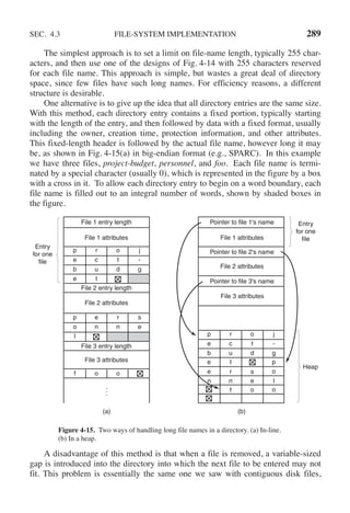SEC. 4.3 FILE-SYSTEM IMPLEMENTATION 289
The simplest approach is to set a limit on file-name length, typically 255 char-
acters, and then use one of the designs of Fig. 4-14 with 255 characters reserved
for each file name. This approach is simple, but wastes a great deal of directory
space, since few files have such long names. For efficiency reasons, a different
structure is desirable.
One alternative is to give up the idea that all directory entries are the same size.
With this method, each directory entry contains a fixed portion, typically starting
with the length of the entry, and then followed by data with a fixed format, usually
including the owner, creation time, protection information, and other attributes.
This fixed-length header is followed by the actual file name, however long it may
be, as shown in Fig. 4-15(a) in big-endian format (e.g., SPARC). In this example
we have three files, project-budget, personnel, and foo. Each file name is termi-
nated by a special character (usually 0), which is represented in the figure by a box
with a cross in it. To allow each directory entry to begin on a word boundary, each
file name is filled out to an integral number of words, shown by shaded boxes in
the figure.
File 1 entry length
File 1 attributes
Pointer to file 1's name
File 1 attributes
Pointer to file 2's name
File 2 attributes
Pointer to file 3's name
File 2 entry length
File 2 attributes
File 3 entry length
File 3 attributes
p
e
b
e
r
c
u
t
o
t
d
j
-
g
p
e
b
e
r
c
u
t
o
t
d
j
-
g
p
e r s o
n n e l
f o o
p
o
l
e
n
r
n
f o o
s
e
Entry
for one
file
Heap
Entry
for one
file
(a) (b)
File 3 attributes
Figure 4-15. Two ways of handling long file names in a directory. (a) In-line.
(b) In a heap.
A disadvantage of this method is that when a file is removed, a variable-sized
gap is introduced into the directory into which the next file to be entered may not
fit. This problem is essentially the same one we saw with contiguous disk files,
 